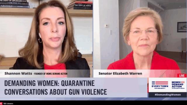 Screenshot of a live conversation between Shannon Watts and Elizabeth Warren