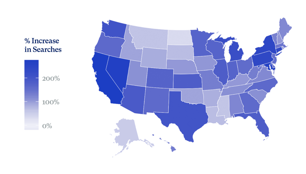 Map depicting the increase of google searches for guns during the COVID-19 pandemic. 