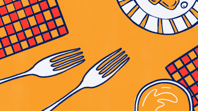 illustration of a tabletop with a plate, forks, and food on it