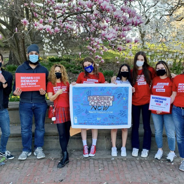 A group of eight Moms and Students Demand Action volunteers in NY on the Road Trip for Background Checks