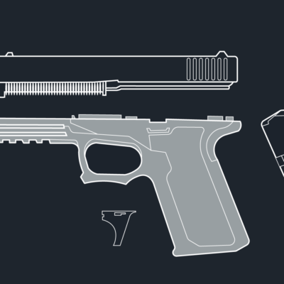 Illustration depicting the parts of a ghost gun, a DIY gun a do-it-yourself, homemade gun made from easy-to-get, unregulated building blocks
