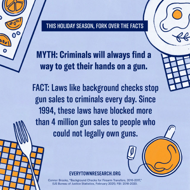 Myth: Criminals will always find a way to get their hands on a gun. Fact: Laws like background checks stop gun sales to criminals every day. Since 1994, these laws have blocked more than 4 million gun sales to people who could not legally own guns.