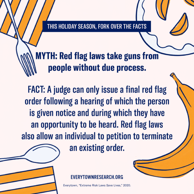 Myth: Red flag laws take guns from people without due process. Fact: A judge can only issue a final red flag order following a hearing of which the person is given notice and during which they have an opportunity to be heard. Red flag laws also allow an individual to petition to terminate an existing order.