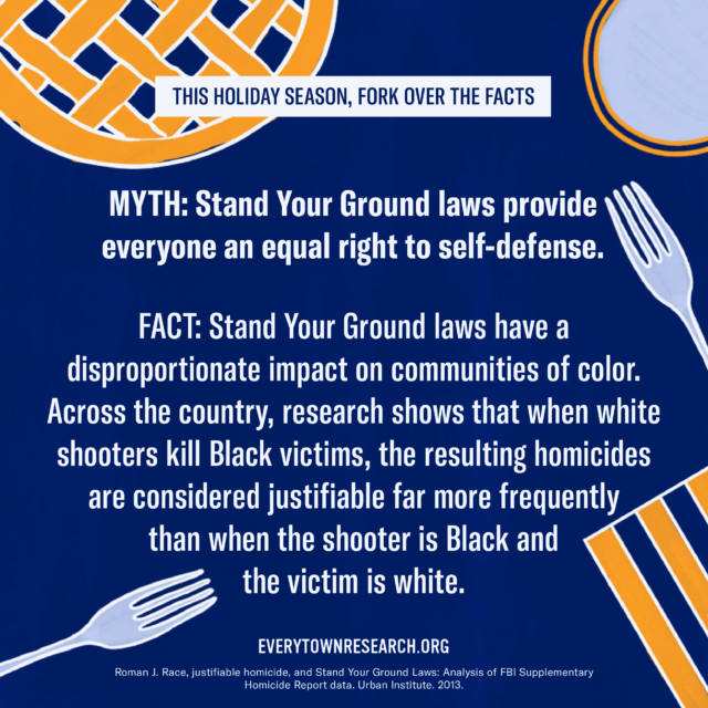 Myth: Stand Your Ground laws provide everyone an equal right to self-defense. Fact: Stand Your Ground laws have a disproportionate impact on communities of color. Across the country, research shows that when white shooters kill Black victims, the resulting homicides are considered justifiable far more frequently than when the shooter is Black and the victim is white.