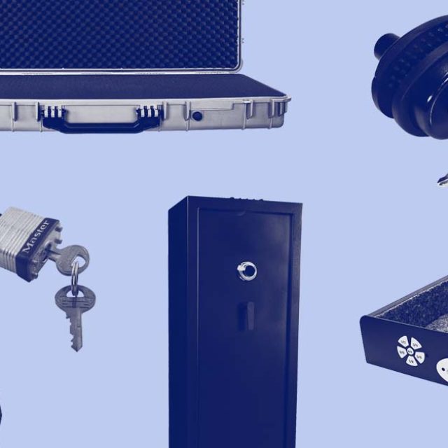 Collage of firearm secure storage devices to keep guns secure