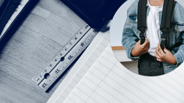 Collage depicting a ruler with lined notebook paper and a student wearing a backpack