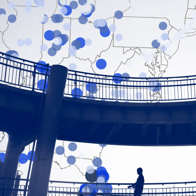 Visual of a bridge juxtaposed over a map with dots on it