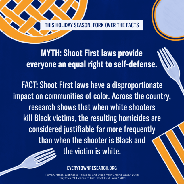 MYTH: Shoot First laws provide everyone an equal right to self-defense. FACT: Shoot First Laws have a disproportionate impact on communities of color. Across the country, research shows that when white shooters kill Black victims, the resulting homicides are considered justifiable far more frequently than when the shooter is Black and the victim is white.