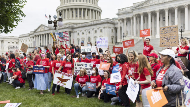 Moms Demand Action volunteers hold up signs on Capitol Hill