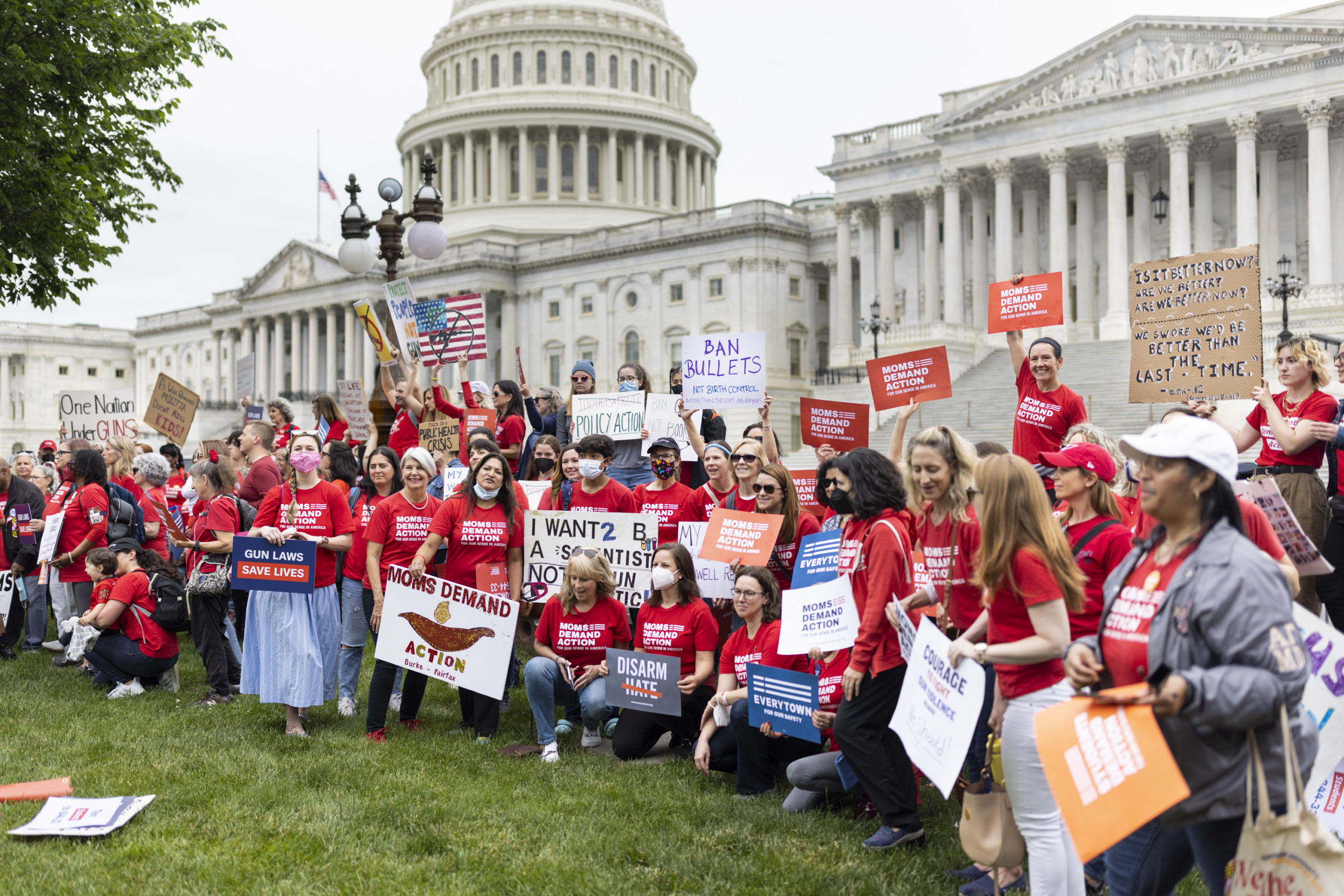 Moms Demand Action volunteers hold up signs on Capitol Hill