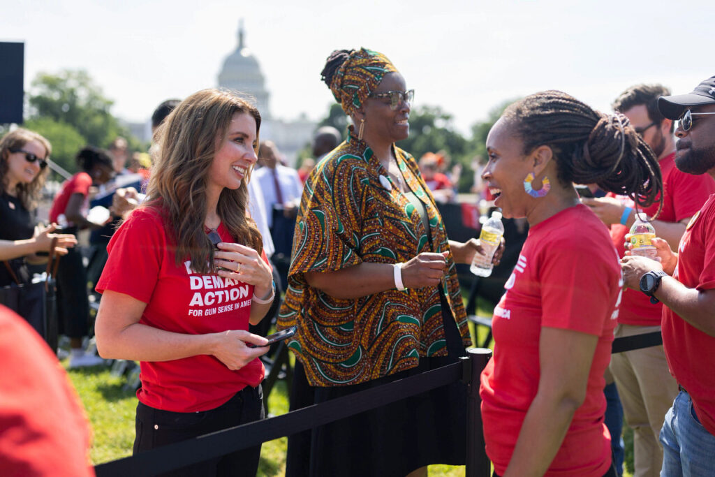 Angela Ferrell-Zabala speaking with Moms Demand Action founder Shannon Watts