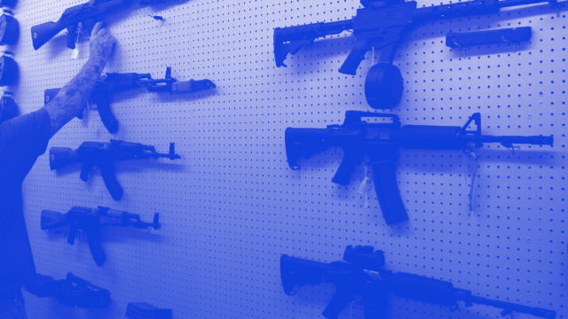 Blue tinted photo of guns displayed on a wall rack