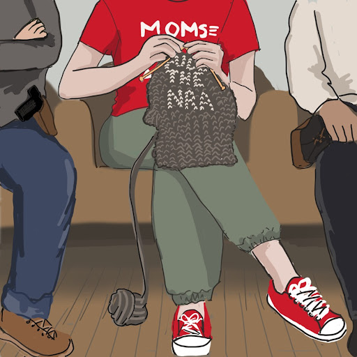 An illustration of a person wearing a "Moms Demand Action" red shirt knitting a brown craft that reads "F**k the NRA"