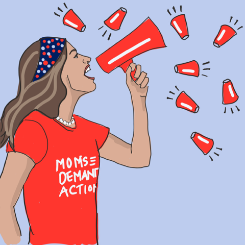An illustration of a woman viewed in side profile wearing a Moms Demand Action red t-shirt. She has brown hair that reaches just past her shoulders, wears a string of pearls around her neck, and has her hair pulled back with a midnight-blue headband with pastel pink and blue polka dots.