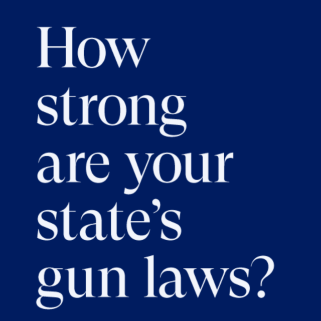 White text on a navy blue background reads: How strong are your state's gun laws?