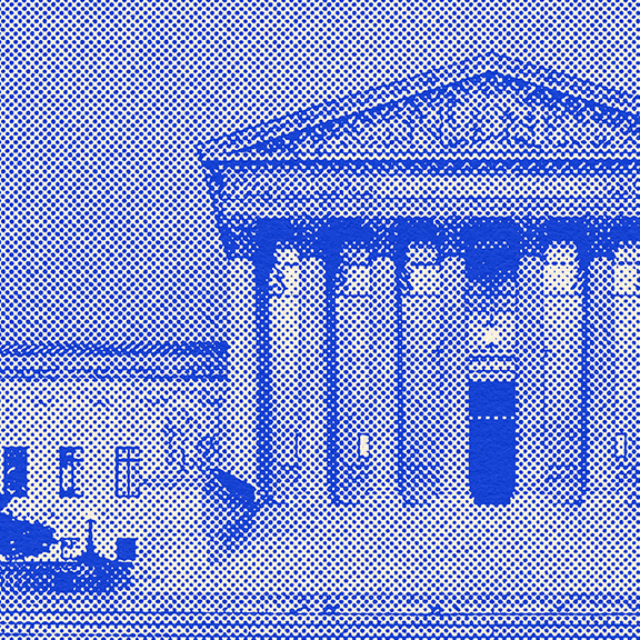 A stippled, blue-toned rendering of a front-facing view of the Supreme Court building.