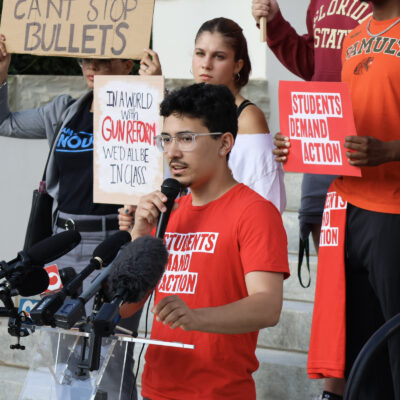 Andres Perez, a student at Florida State University, speaks at a rally for gun safety on the steps of the Florida Capitol Building six days after the 2025 mass shooting at Florida State University.