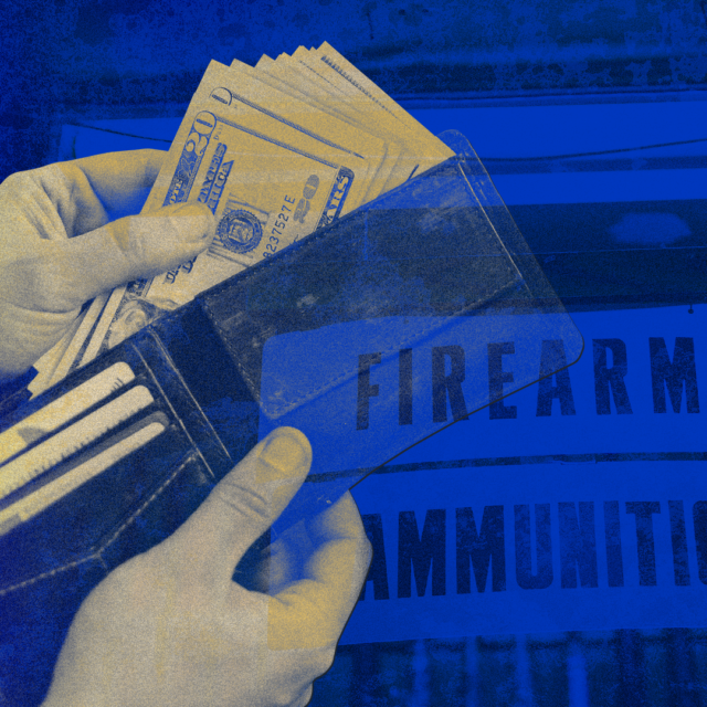 A person holds a wallet and counts out twenty-dollar bills; superimposed behind the wallet is a sign that reads 