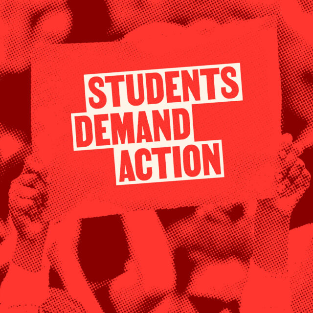 A heavily stylized photo of a person carrying a Students Demand Action sign at a protest.