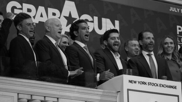Donald Trump Jr. and other board members of GrabAGun ring the bell at the New York Stock Exchange on July 16.