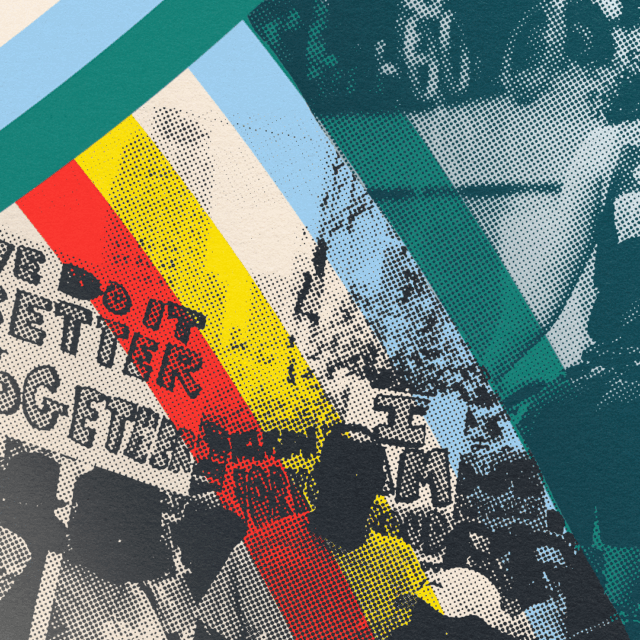 A collage of photos showing people protesting for disability justice, and a disabled athlete using a wheelchair, with the disability pride colors overlayed on the collage.