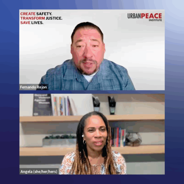Fernando Rejón, executive director of Urban Peace Institute, and Angela Ferrell-Zabala, executive director of Moms Demand Action, are pictured on split-screen Zoom squares during a virtual discussion about community violence intervention (CVI) funding cuts.
