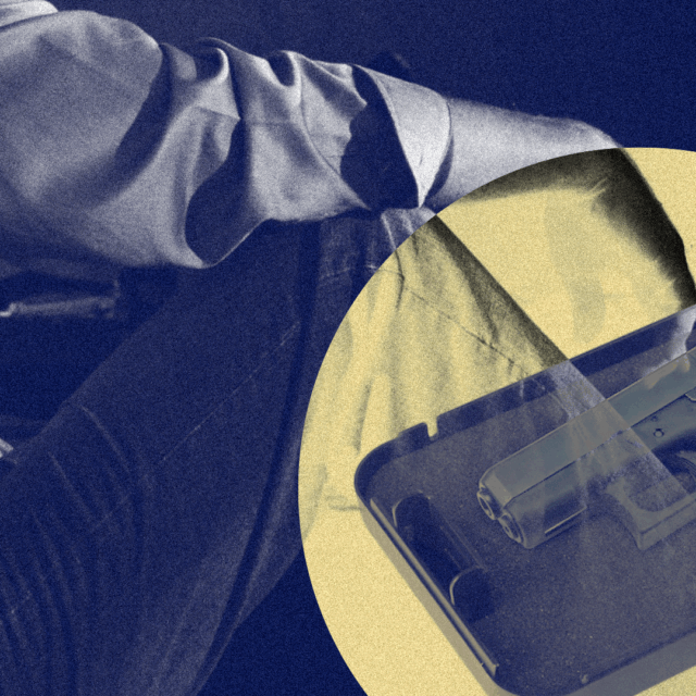 A person sites with their arms resting on their knees; a gun lock box with a handgun inside is pictured next to the person's leg. The image represents how the gun lock boxes that would be provided under the Saving Our Veterans Lives Act could help protect a veteran in crisis from firearm suicide.