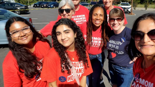 Two Students Demand Action volunteers and five Moms Demand Action volunteers canvass with Angela Ferrell-Zabala during the 2025 election cycle in Virginia.