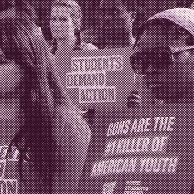 A magenta-tinged image of Students Demand Action volunteers at a rally. The students look serious and are wearing Students Demand Action t-shirts. One student holds a sign that reads 