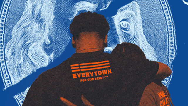 Two people stand side-by side with one arm around the other; one has black t-shirt with the Everytown for Gun Safety three-line flag logo styled in orange text. They are superimposed in front of a blue-toned image of an enlarged, ripped dollar bill, representing the CVI federal funding cuts by the Trump administration in April 2025.