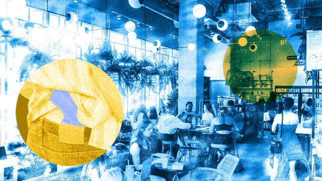 A blue-toned image of the inside of a coffee shop with industrial vibes (rectangular glass windows, exposed metal on the ceilings). On the left of the image, a yellow highlighted circle shows the end of a small handgun stored in the waistband of pants at the small of someone's back with a shirt tucked around it. The image tries to visually portray the issue at stake in the Wolford v. Lopez Supreme Court case: Can a state prohibit carrying firearms on others’ private property open to the public without the owners’ express permission?