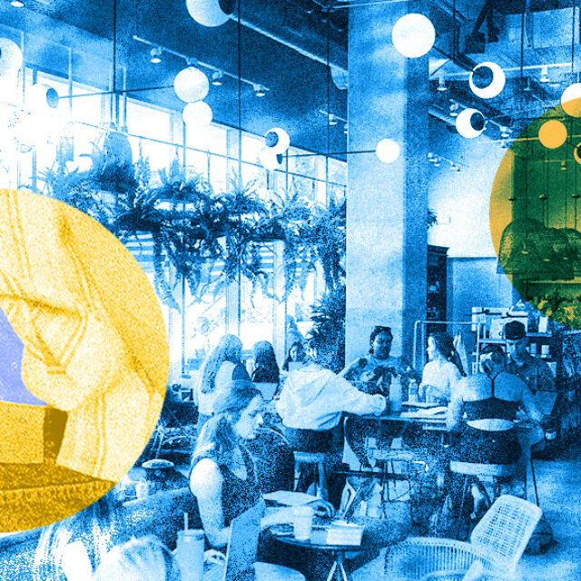 A blue-toned image of the inside of a coffee shop with industrial vibes (rectangular glass windows, exposed metal on the ceilings). On the left of the image, a yellow highlighted circle shows the end of a small handgun stored in the waistband of pants at the small of someone's back with a shirt tucked around it. The image tries to visually portray the issue at stake in the Wolford v. Lopez Supreme Court case: Can a state prohibit carrying firearms on others’ private property open to the public without the owners’ express permission?