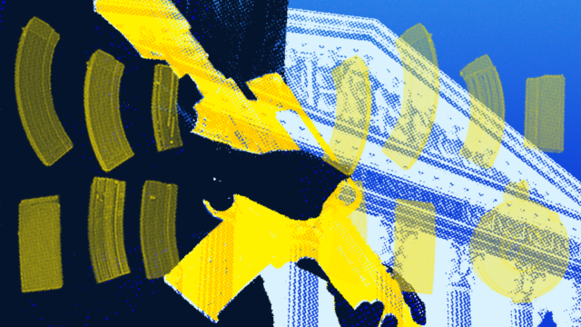 A stylized image of the torso of a person holding an assault-style weapon in front of them, with the peak of the Supreme Court roof behind them. The image represents the Viramontes v. Cook assault weapons bans case at the Supreme Court, in which oral argument will be held on Dec. 2, 2026.