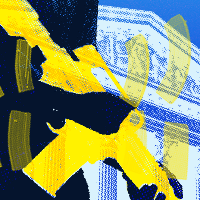 A stylized image of the torso of a person holding an assault-style weapon in front of them, with the peak of the Supreme Court roof behind them. The image represents the Viramontes v. Cook assault weapons bans case at the Supreme Court, in which oral argument will be held on Dec. 2, 2026.